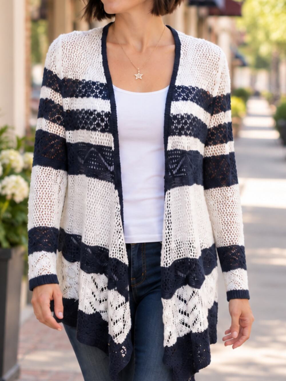 Roz & Ali Navy White Striped Open Knit Waterfall Cardigan L